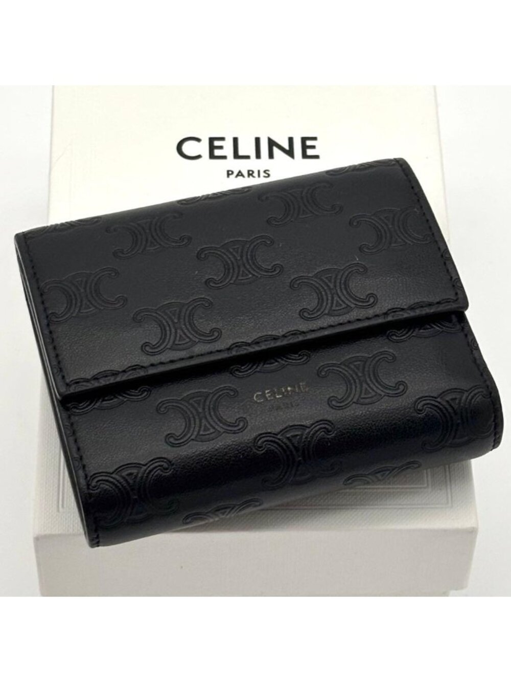 Celine Trifold Wallet Triomphe Embossed Logo Leather Black
